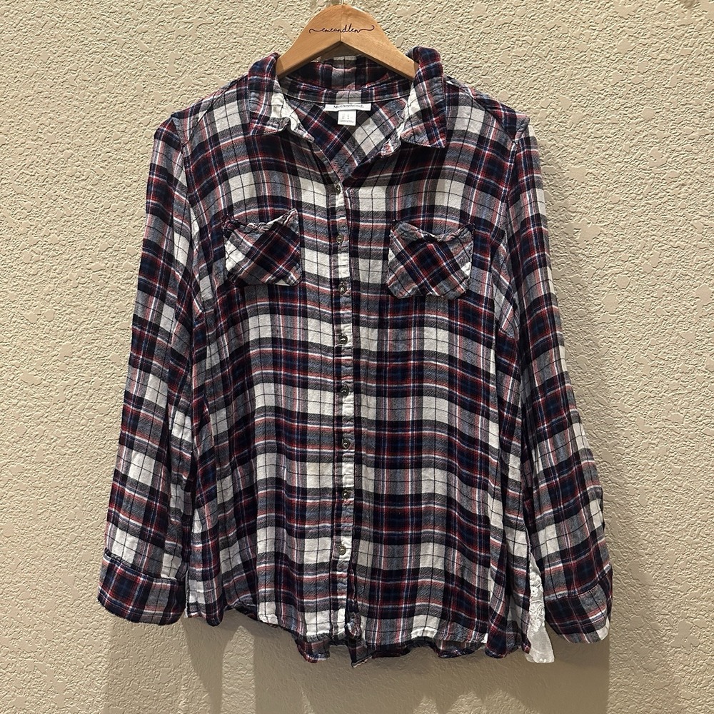 Motherhood Maternity Plaid Flannel Shirt Lace Panels Large Red White
